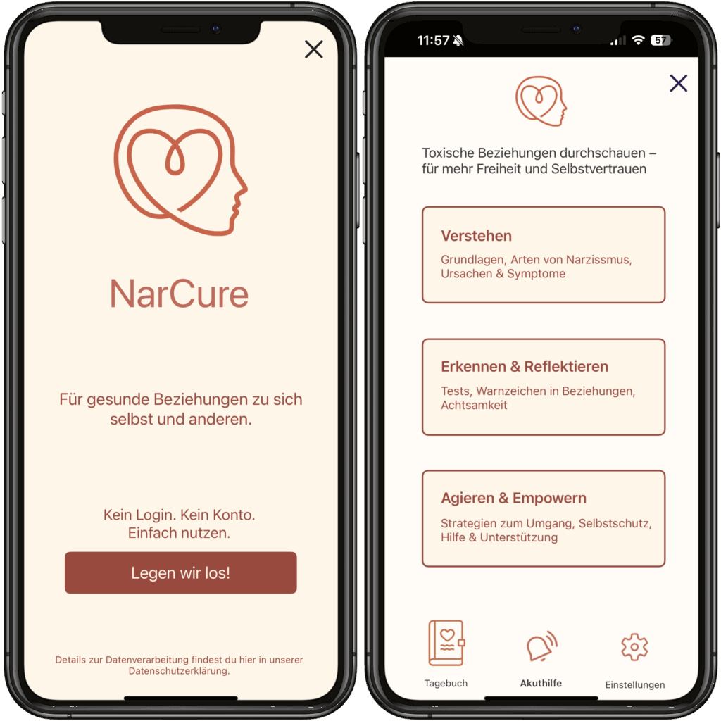 Screenshot NarCure App: Kein Login. Kein Konto. Einfach nutzen.