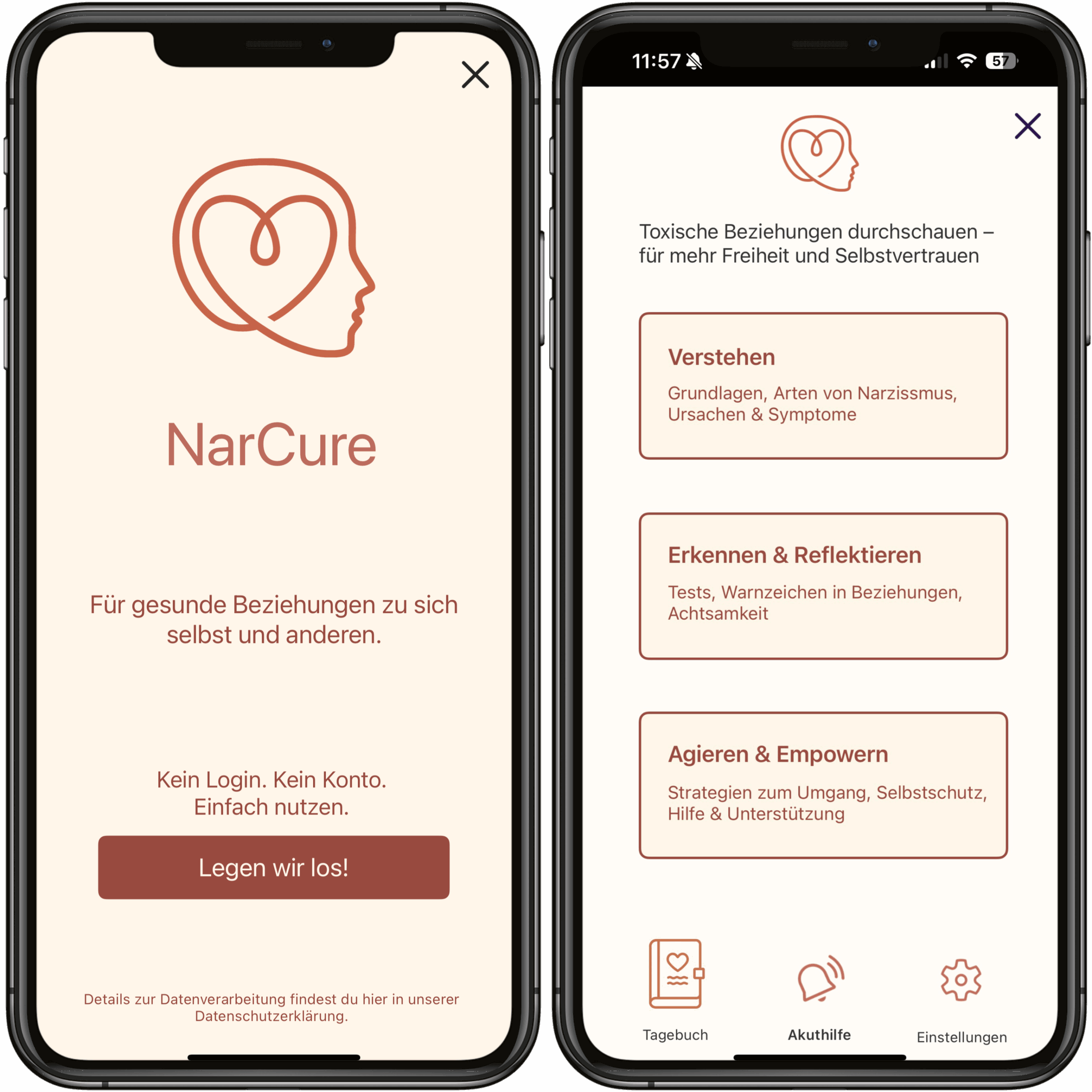 Screenshot NarCure App: Kein Login. Kein Konto. Einfach nutzen.